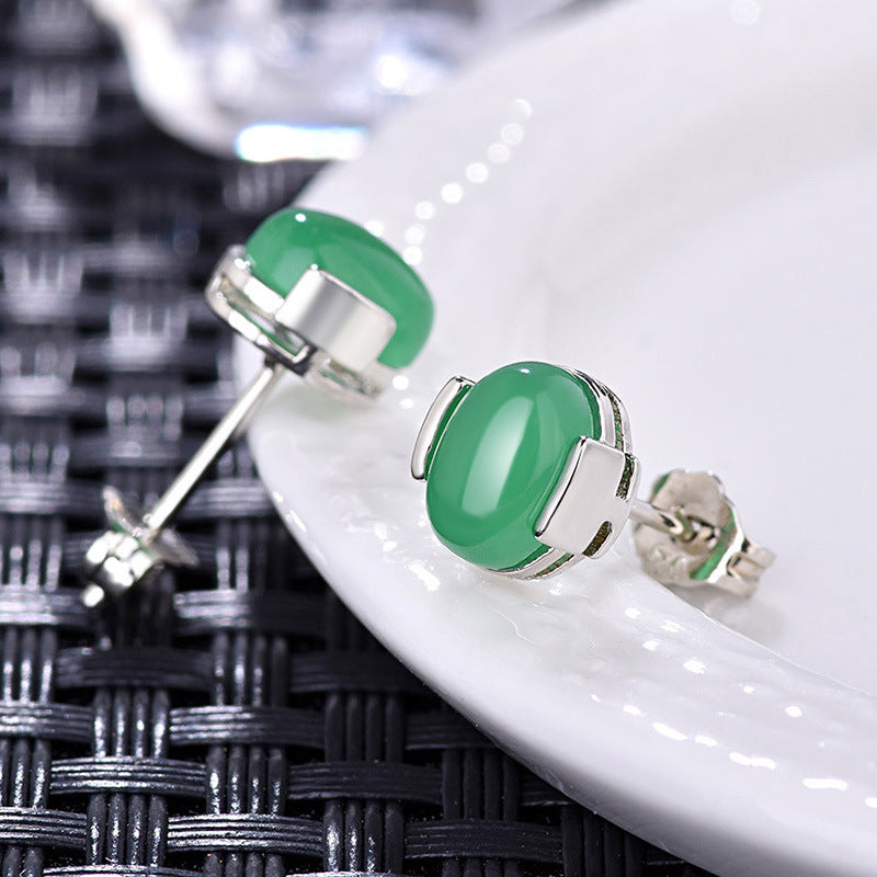Damen elegante Ohrstecker mit grünem jadeartigem Stein und hochwertigem Silberrahmen Shop Nory