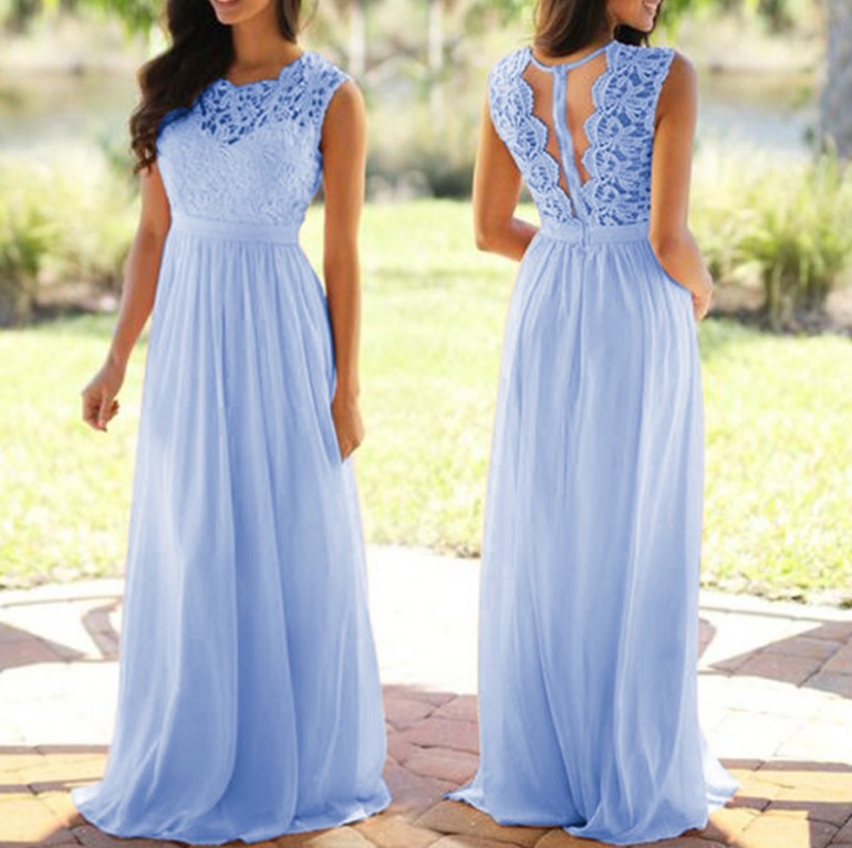 Damen Maxikleid mit elegantem Spitzenoberteil und tiefem Rücken