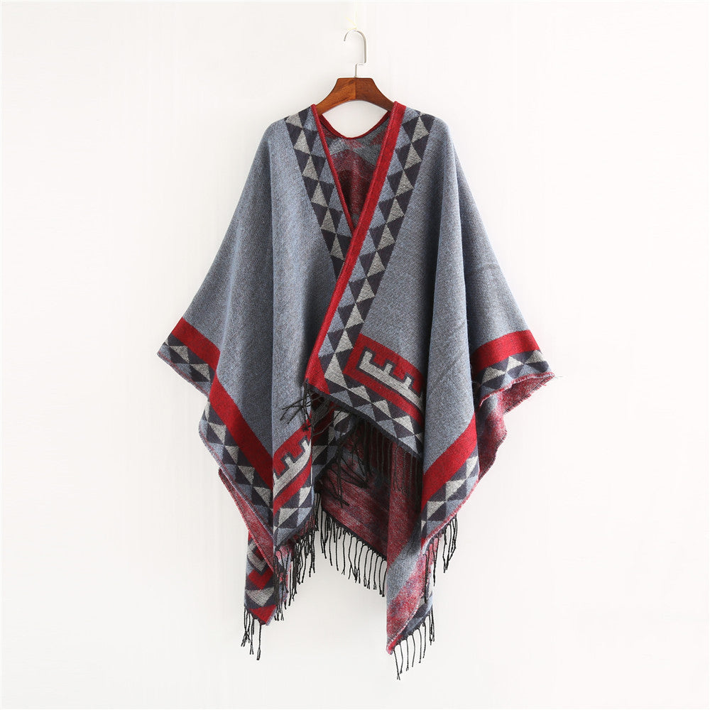Damen Grobstrick-Poncho im Wickelstil mit Dreieck-Jacquard und Fransensaum Shop Nory