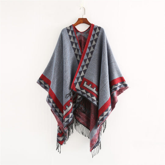 Damen Grobstrick-Poncho im Wickelstil mit Dreieck-Jacquard und Fransensaum Shop Nory