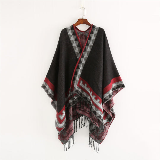 Damen Geometrischer Wollmix-Wickelponcho mit Fransen und Kontrastbordüren Shop Nory