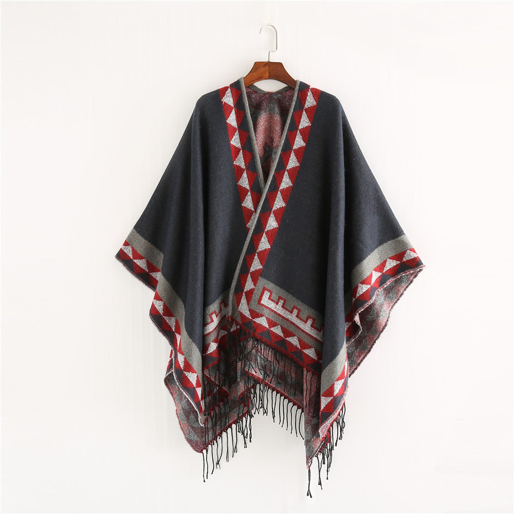 Damen Grobstrick-Poncho im Wickelstil mit Dreieck-Jacquard und Fransensaum Shop Nory