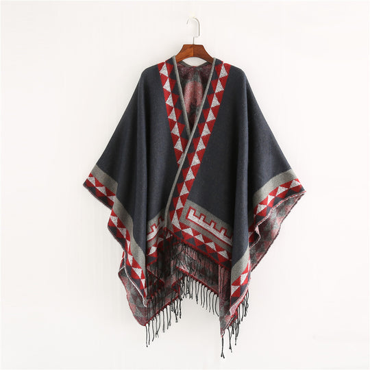 Damen Grobstrick-Poncho im Wickelstil mit Dreieck-Jacquard und Fransensaum Shop Nory