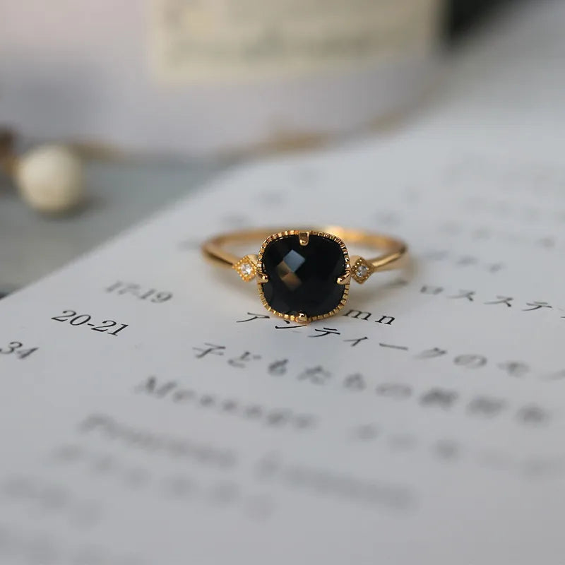 925 Sterling Silber 18K Gold plattiert Schwarze natürliche Achat Zirkon quadratische Ring | Shop Nory