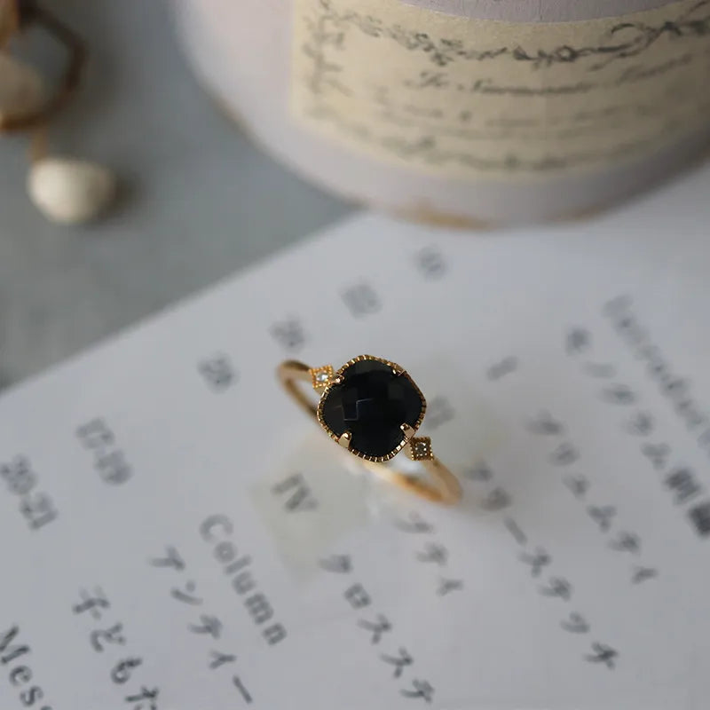 925 Sterling Silber 18K Gold plattiert Schwarze natürliche Achat Zirkon quadratische Ring | Shop Nory