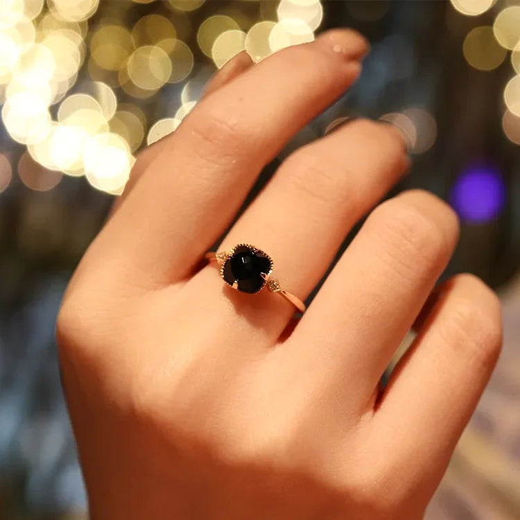 925 Sterling Silber 18K Gold plattiert Schwarze natürliche Achat Zirkon quadratische Ring | Shop Nory