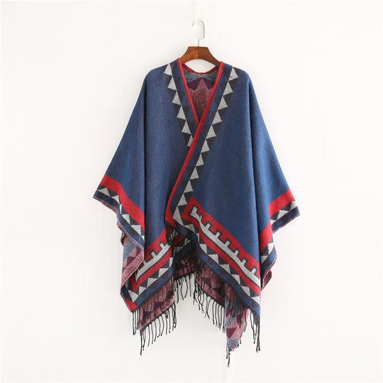 Damen Grobstrick-Poncho im Wickelstil mit Dreieck-Jacquard und Fransensaum Shop Nory