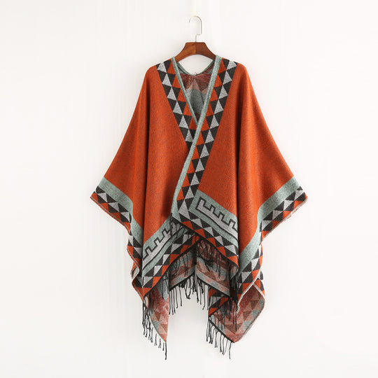 Damen Grobstrick-Poncho im Wickelstil mit Dreieck-Jacquard und Fransensaum Shop Nory