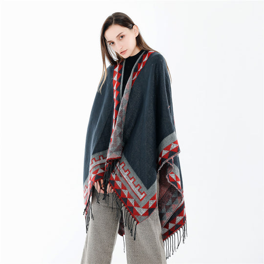 Damen Geometrischer Wollmix-Wickelponcho mit Fransen und Kontrastbordüren Shop Nory