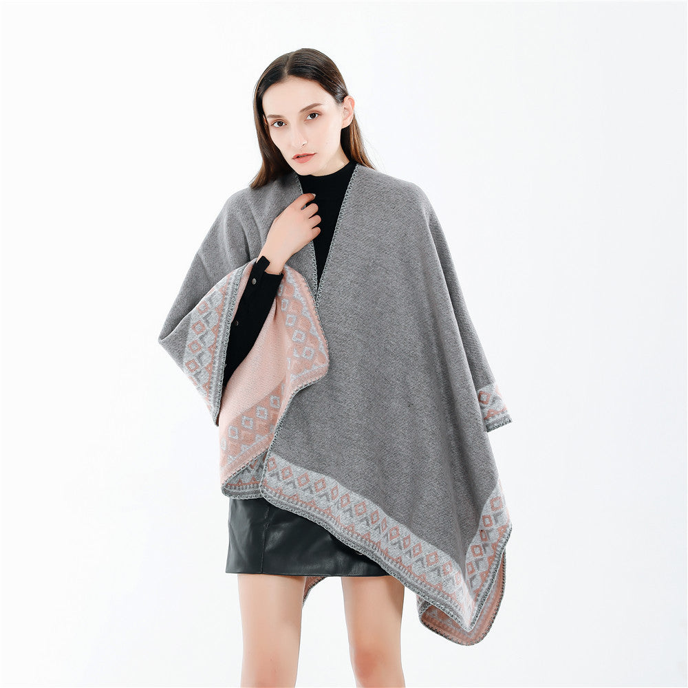Damen Oversize-Doubleface-Ruana mit gewebter Bordüre und weichem Wollmix Shop Nory