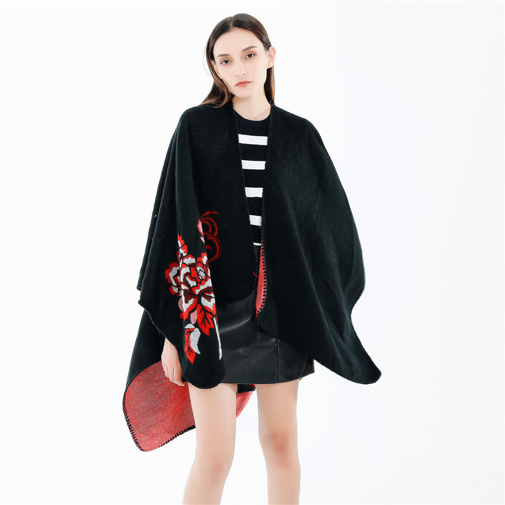Damen Reversibler Capeponcho aus Wollmix mit floralem Jacquardfutter Shop Nory