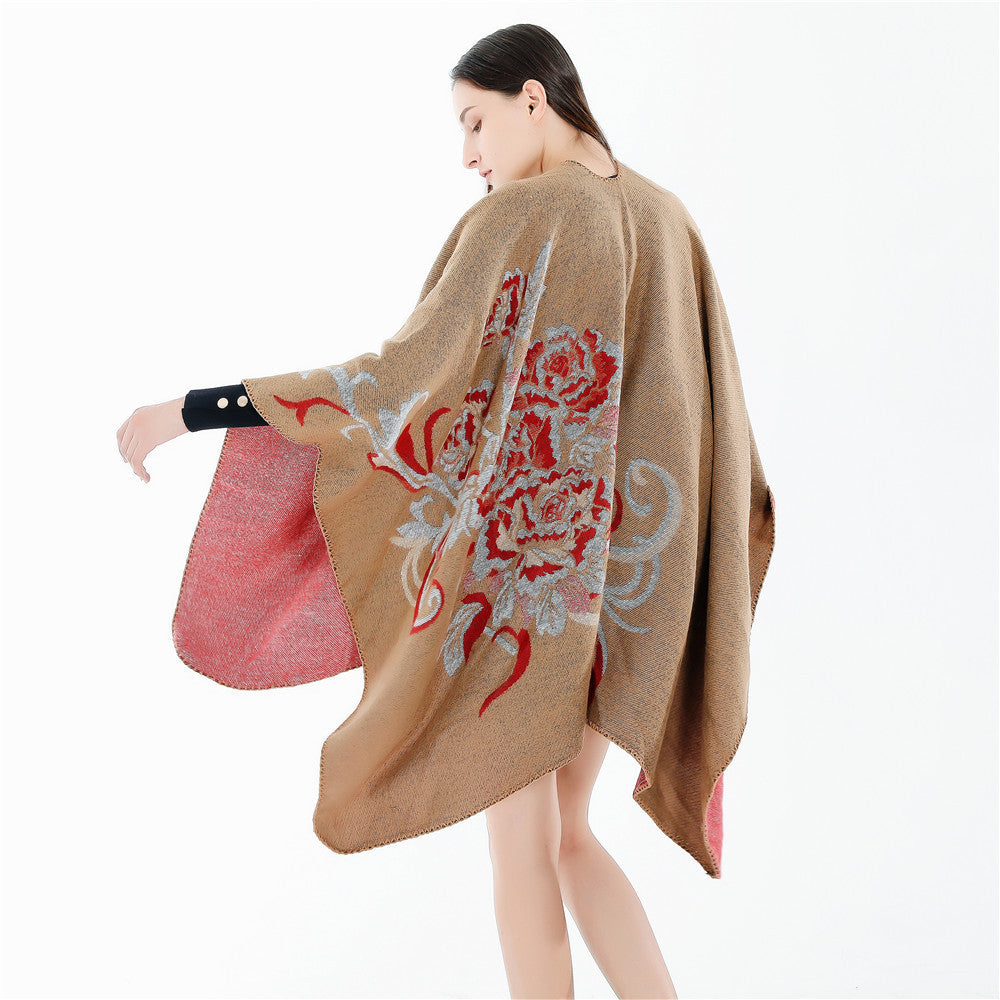 Damen Wendbarer Capeponcho aus Wolloptik mit floralem Jacquard und weichem Wasserfallsaum Shop Nory