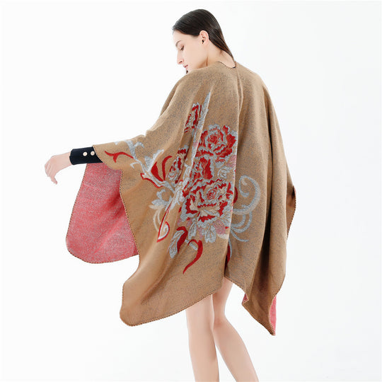 Damen Wendbarer Capeponcho aus Wolloptik mit floralem Jacquard und weichem Wasserfallsaum Shop Nory