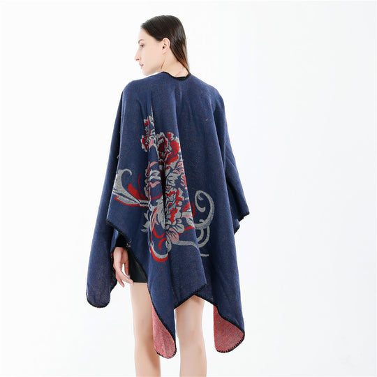 Damen Wendbarer Capeponcho aus Wolloptik mit floralem Jacquard und weichem Wasserfallsaum Shop Nory