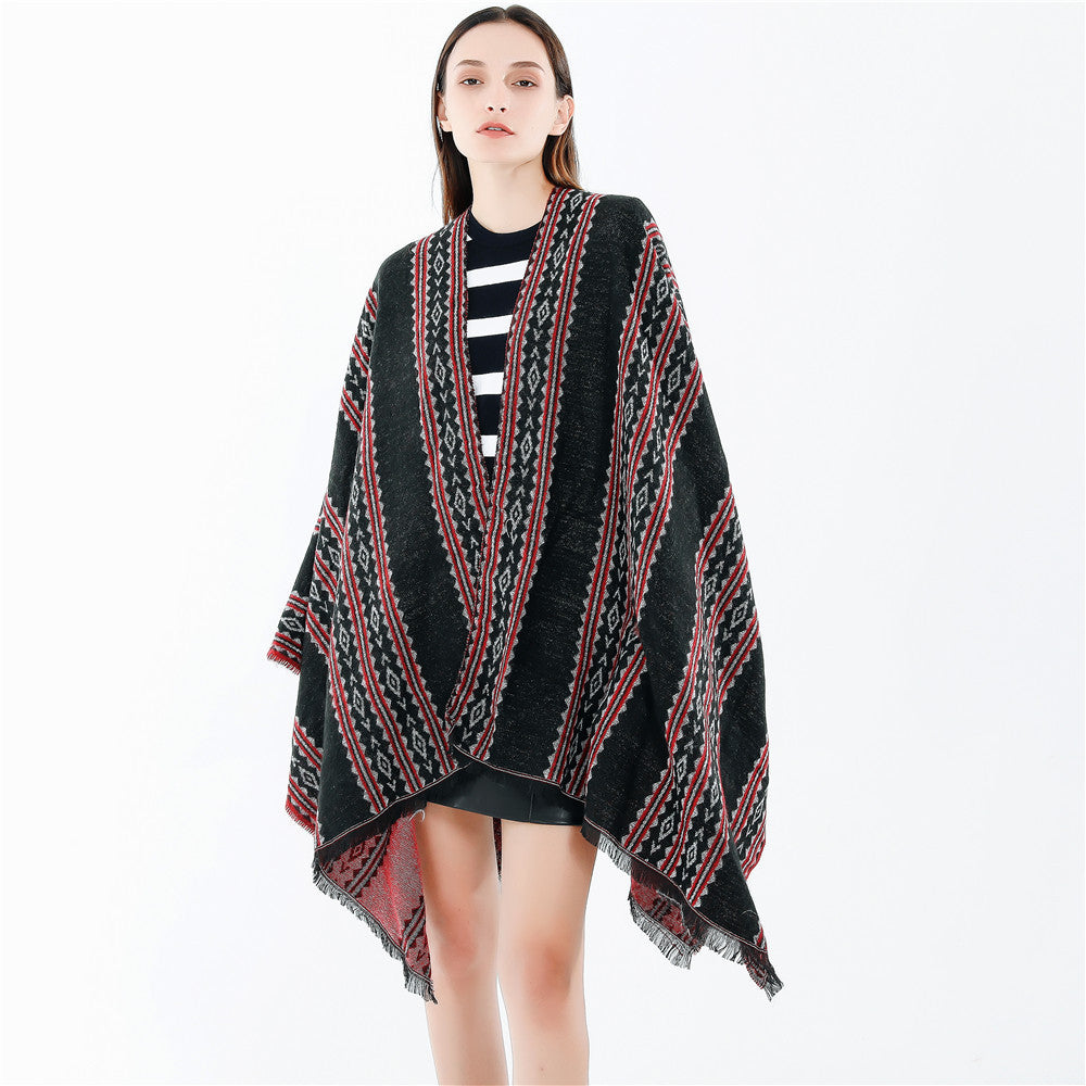 Damen Jacquard‑Ruana‑Poncho mit Fransen und offenem Oversize‑Fall Shop Nory