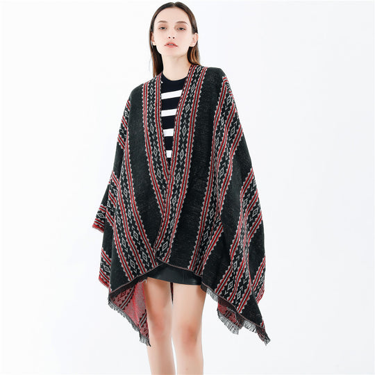 Damen Jacquard‑Ruana‑Poncho mit Fransen und offenem Oversize‑Fall Shop Nory