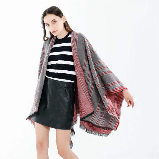 Damen Jacquard‑Ruana‑Poncho mit Fransen und offenem Oversize‑Fall Shop Nory