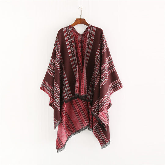 Damen Jacquard‑Ruana‑Poncho mit Fransen und offenem Oversize‑Fall Shop Nory