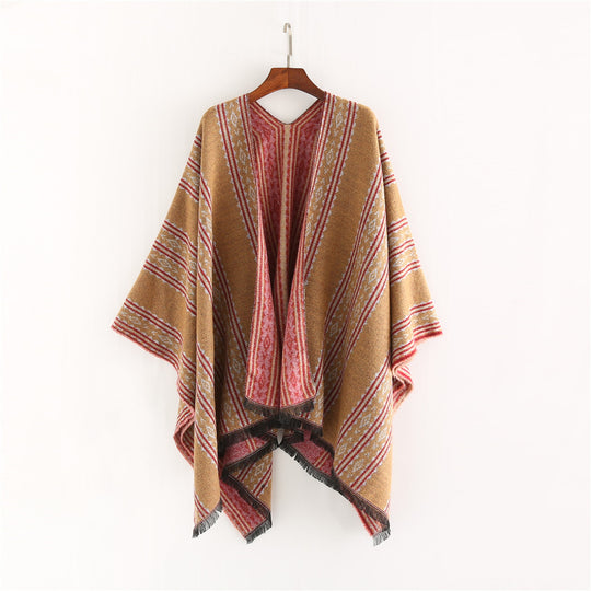 Damen Jacquard‑Ruana‑Poncho mit Fransen und offenem Oversize‑Fall Shop Nory