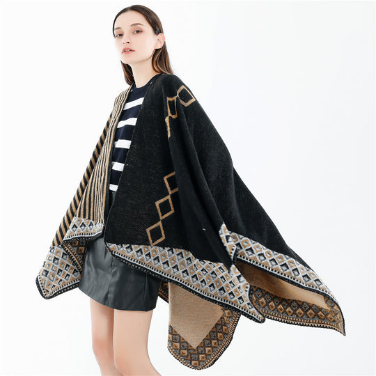 Damen Gewebte Oversize-Ruana mit Ethno-Bordüre und Streifenstruktur Shop Nory