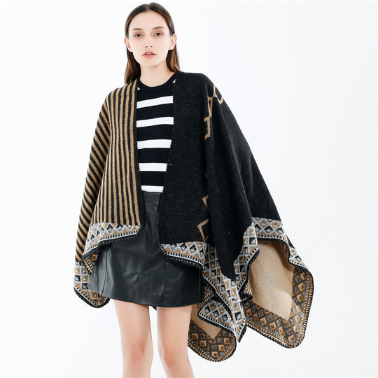 Damen Gewebte Oversize-Ruana mit Ethno-Bordüre und Streifenstruktur Shop Nory