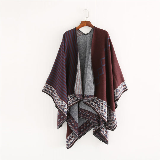 Damen Gewebte Oversize-Ruana mit Ethno-Bordüre und Streifenstruktur Shop Nory