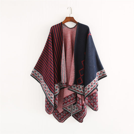 Damen Gewebte Oversize-Ruana mit Ethno-Bordüre und Streifenstruktur Shop Nory