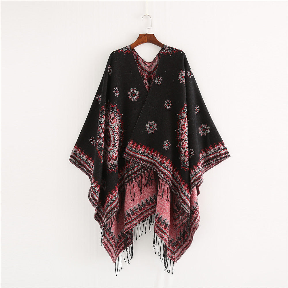 Damen Jacquard-Poncho im Oversize-Kimono-Fall mit Fransen Shop Nory