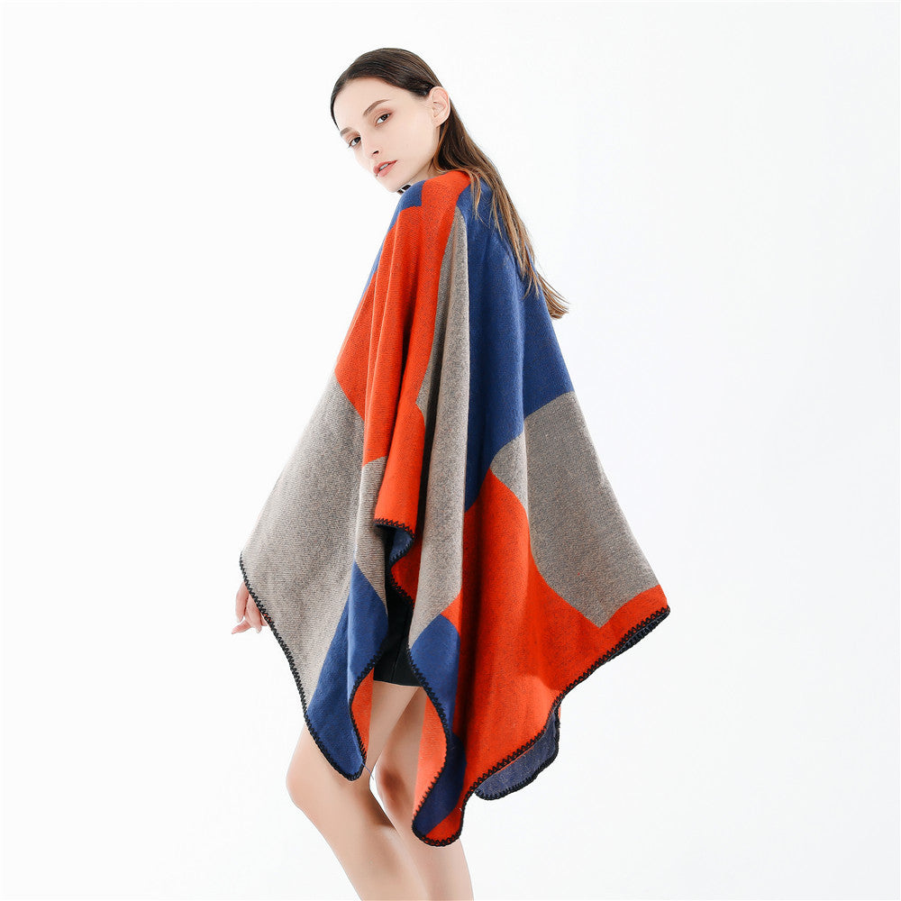 Damen Oversize-Strickruana mit geometrischem Colorblock, offener Front und Zierstichkante Shop Nory