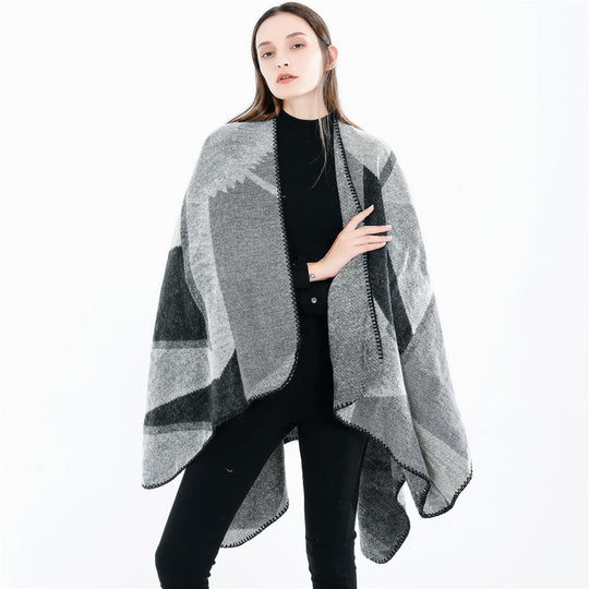 Damen Oversize-Geometrischer Jacquard-Poncho aus Wollmix Shop Nory