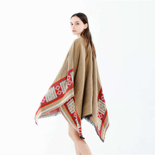 Damen Oversize-Ruana-Poncho im Boho-Ethno-Look aus Wollmix mit V-Ausschnitt und Fransensaum Shop Nory