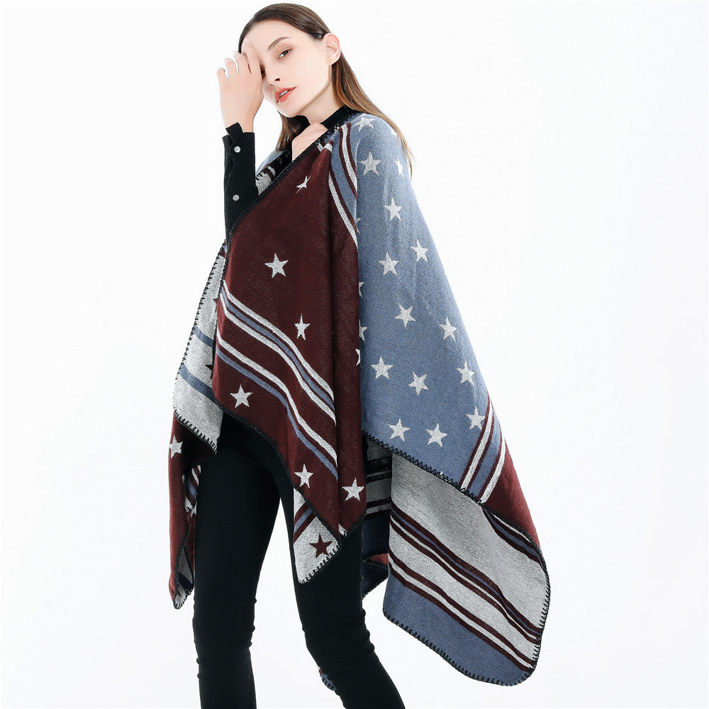 Damen Ruana-Überwurf mit Sternmotiv und zweifarbiger Jacquardkante Shop Nory