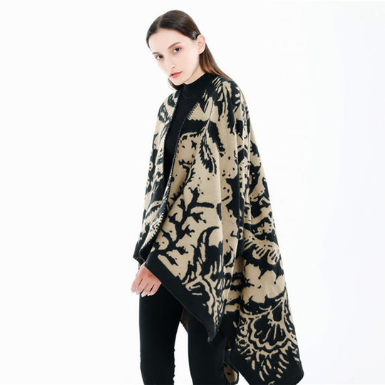 Damen Jacquard‑Ruana‑Überwurf mit floraler Webstruktur und dekorativer Kettelkante Shop Nory