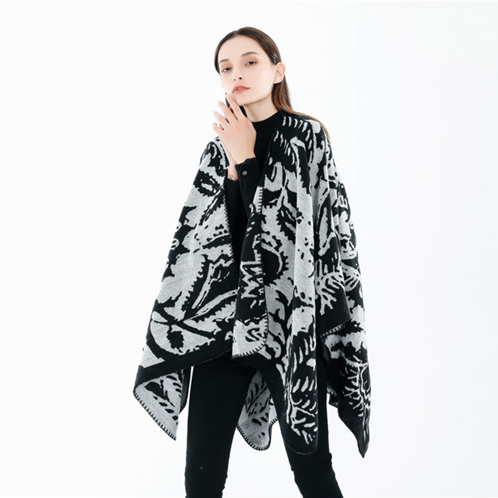 Damen Jacquard‑Ruana‑Überwurf mit floraler Webstruktur und dekorativer Kettelkante Shop Nory