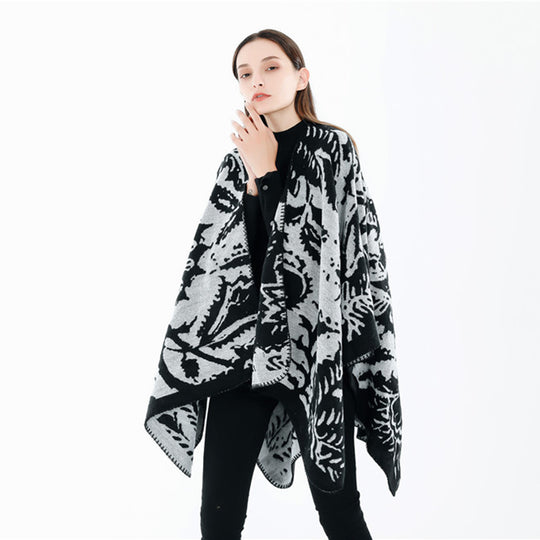 Damen Jacquard‑Ruana‑Überwurf mit floraler Webstruktur und dekorativer Kettelkante Shop Nory