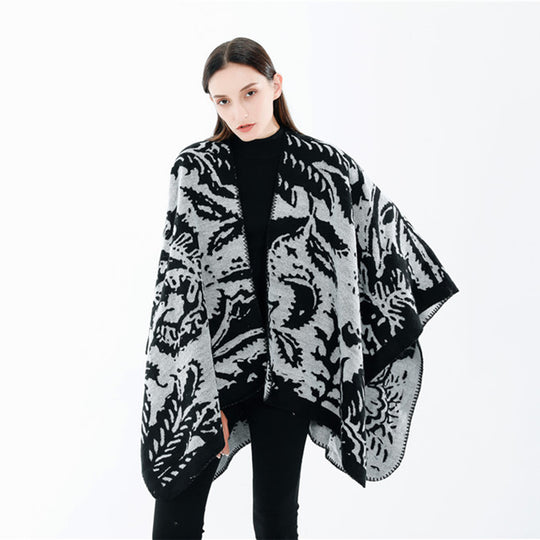 Damen Jacquard‑Ruana‑Überwurf mit floraler Webstruktur und dekorativer Kettelkante Shop Nory