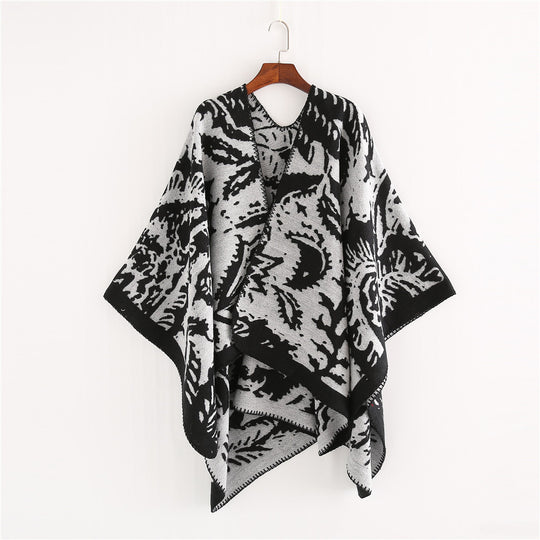 Damen Jacquard‑Ruana‑Überwurf mit floraler Webstruktur und dekorativer Kettelkante Shop Nory