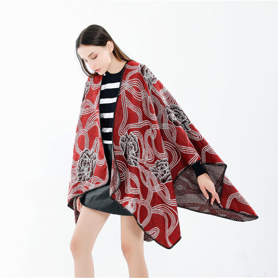 Damen Jacquard‑Ruana mit floralem Relief und kontrastierter Kettelnaht Shop Nory