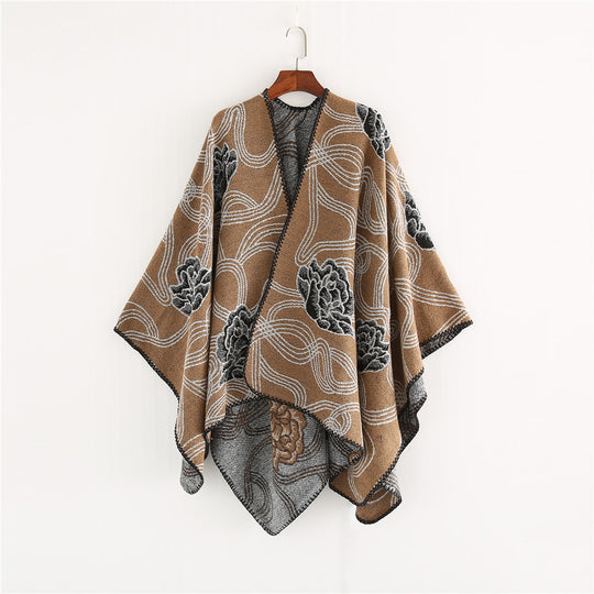 Damen Jacquard‑Ruana mit floralem Relief und kontrastierter Kettelnaht Shop Nory