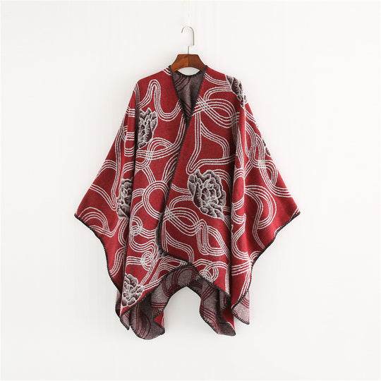Damen Jacquard‑Ruana mit floralem Relief und kontrastierter Kettelnaht Shop Nory