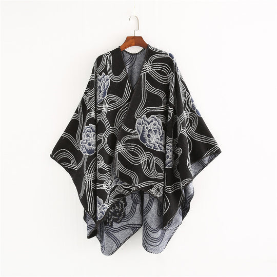 Damen Jacquard‑Ruana mit floralem Relief und kontrastierter Kettelnaht Shop Nory