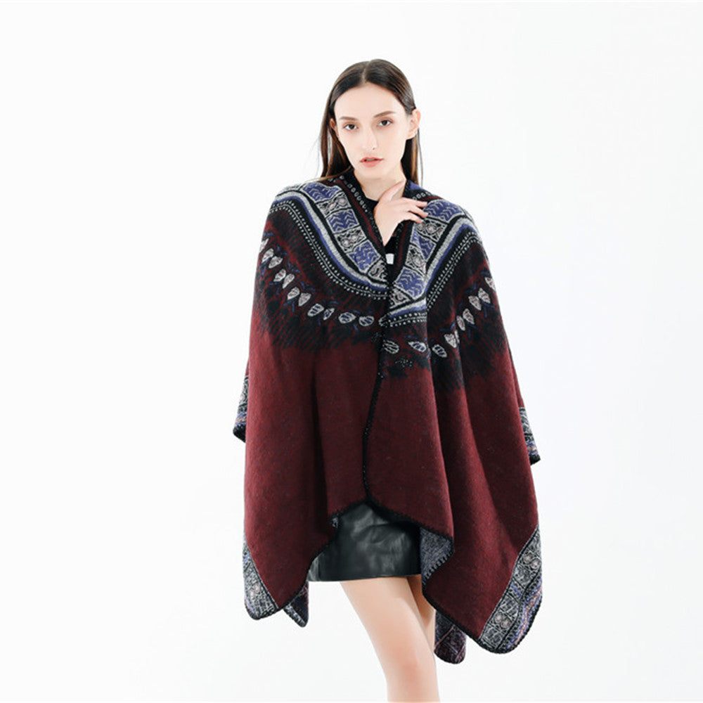 Damen Oversize-Ruana-Poncho im Ethno-Jacquard mit V-Ausschnitt und Bordürenkante Shop Nory