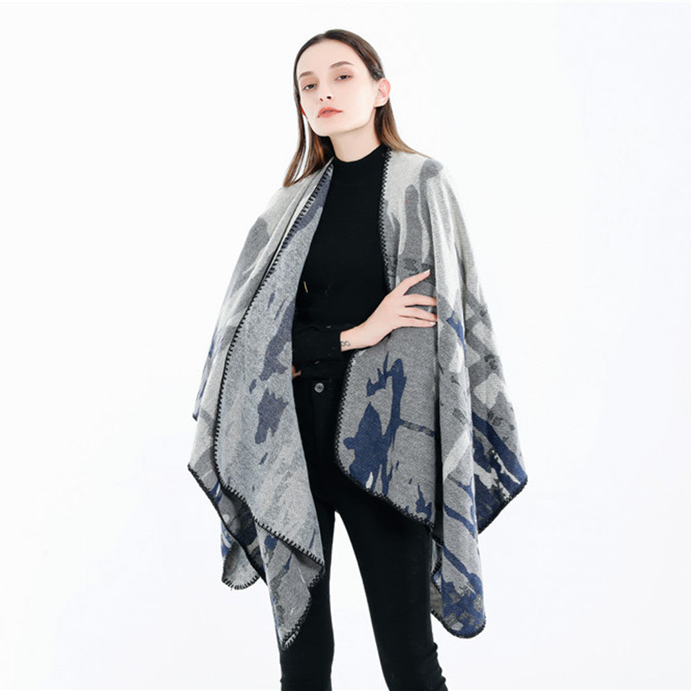 Damen Grobgewebter Kunstfaser-Ruana mit abstraktem Aquarellmuster und Zierkettensaum Shop Nory