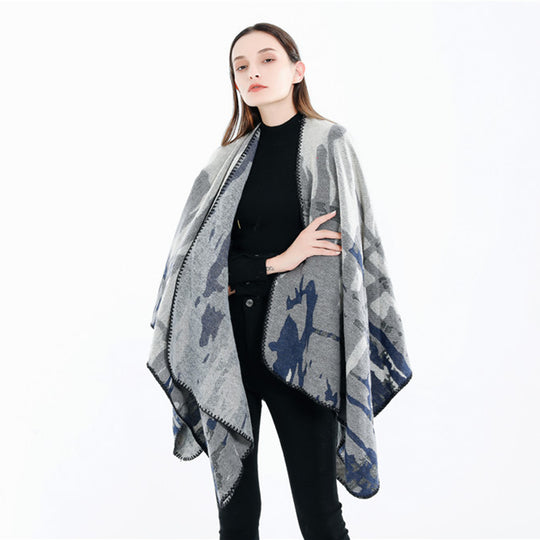 Damen Grobgewebter Kunstfaser-Ruana mit abstraktem Aquarellmuster und Zierkettensaum Shop Nory