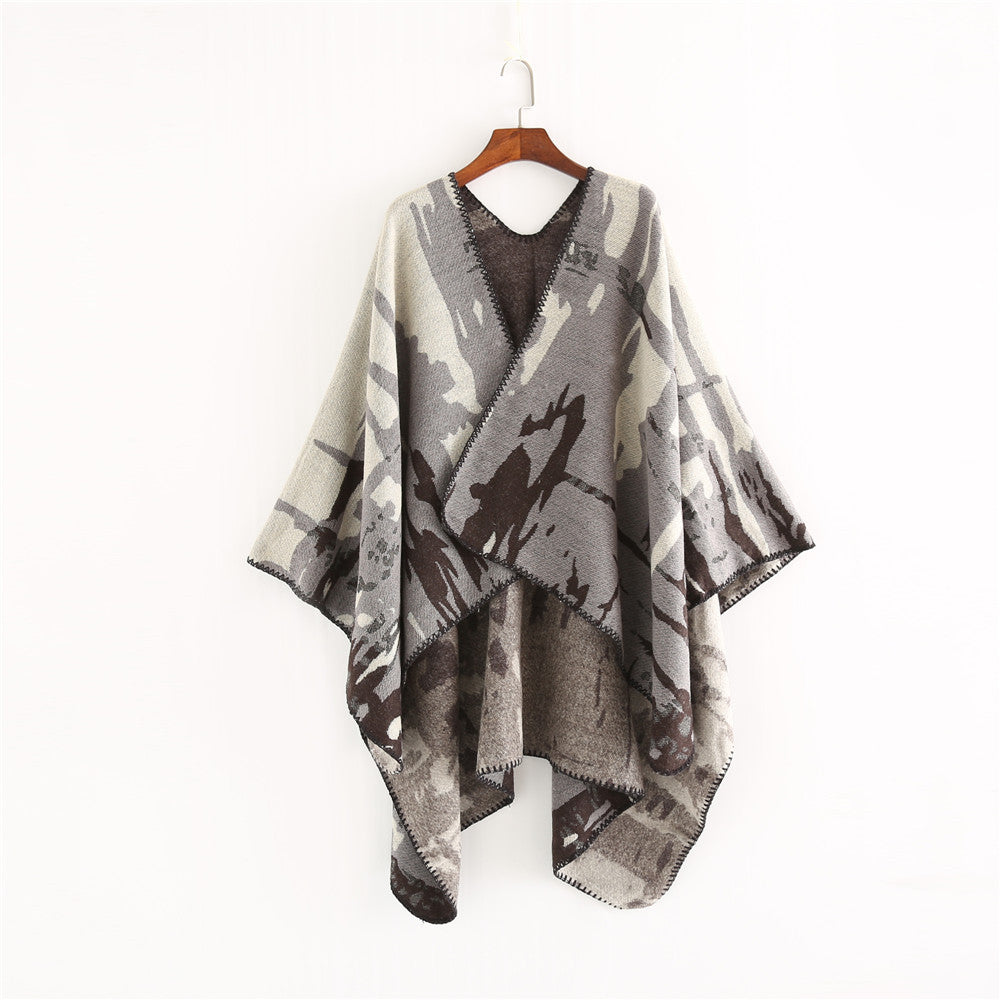Damen Grobgewebter Kunstfaser-Ruana mit abstraktem Aquarellmuster und Zierkettensaum Shop Nory