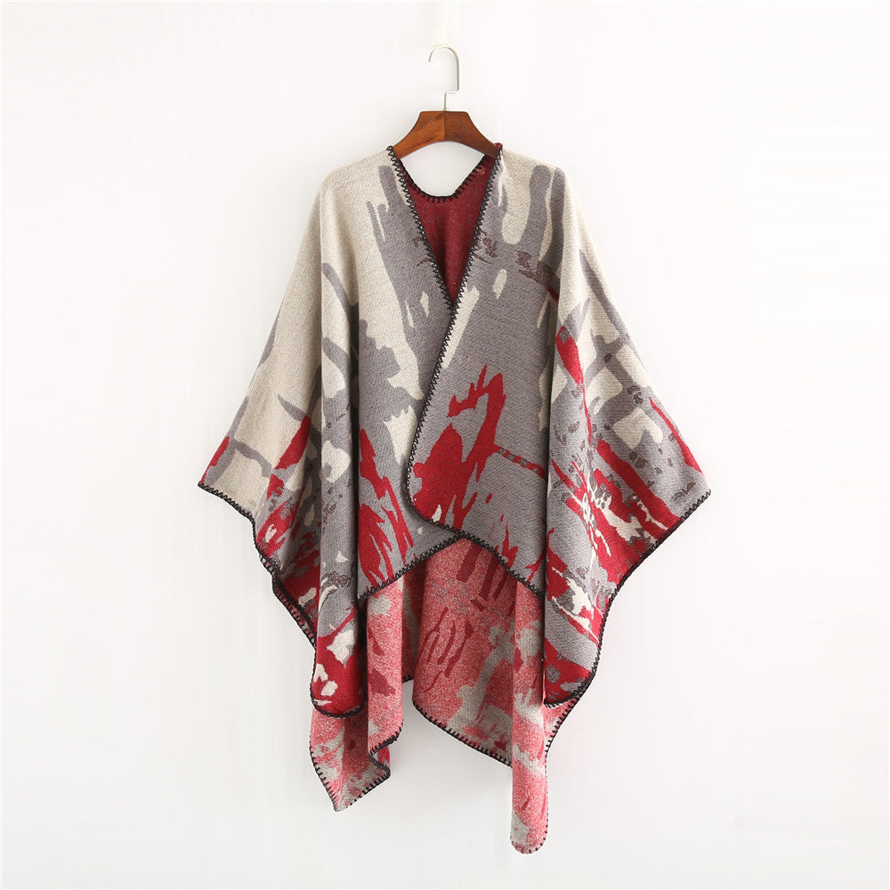 Damen Grobgewebter Kunstfaser-Ruana mit abstraktem Aquarellmuster und Zierkettensaum Shop Nory