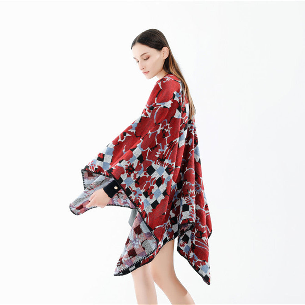 Damen Oversize-Ruana mit V-Ausschnitt und Jacquard-Karo-Floralmuster Shop Nory