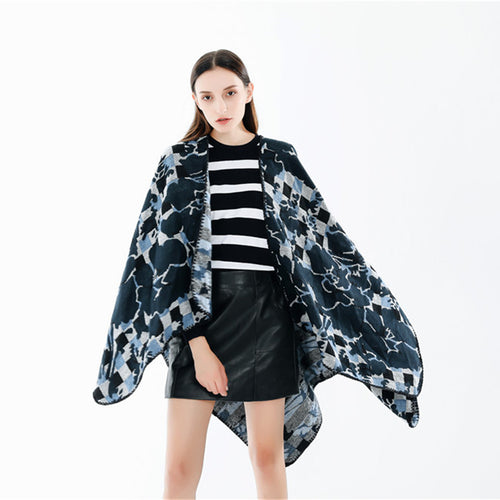 Damen Oversize-Ruana mit V-Ausschnitt und Jacquard-Karo-Floralmuster Shop Nory