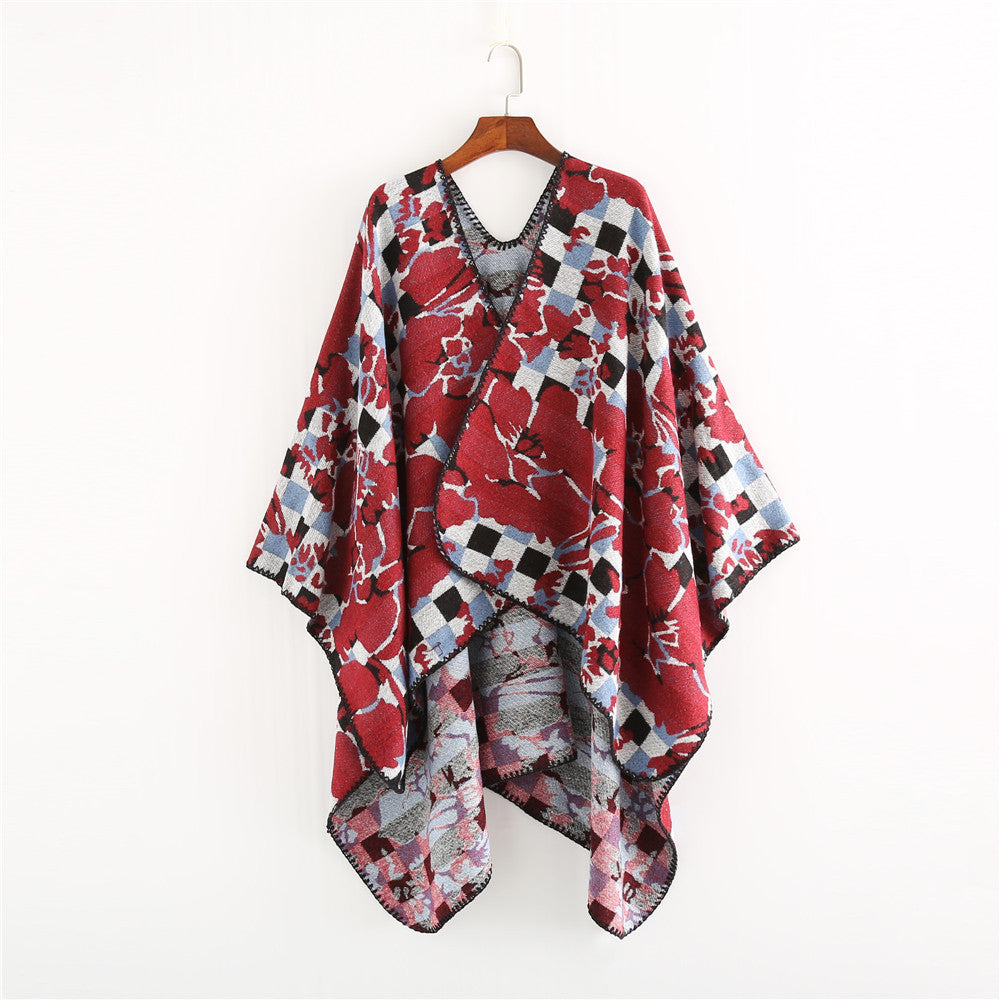 Damen Oversize-Ruana mit V-Ausschnitt und Jacquard-Karo-Floralmuster Shop Nory