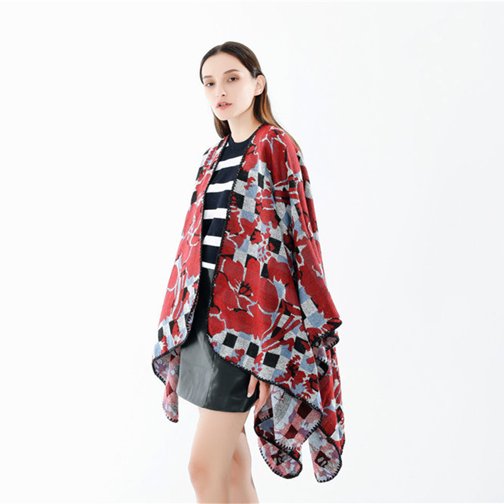 Damen Oversize-Ruana mit V-Ausschnitt und Jacquard-Karo-Floralmuster Shop Nory